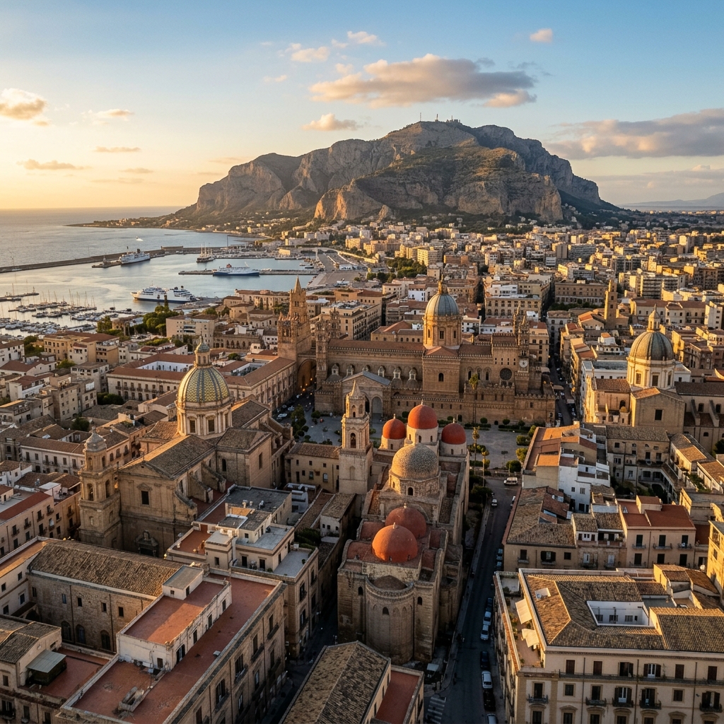 Veduta panoramica di Palermo con cupole storiche e il mare